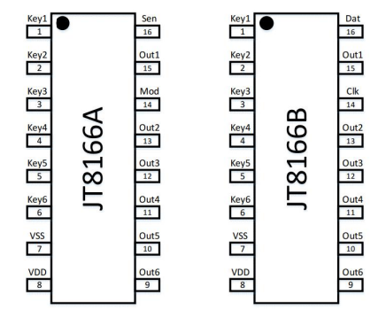 JT8166A/B苏州电容式六按键触摸控制芯片，JT8166B具备IIC通信接口