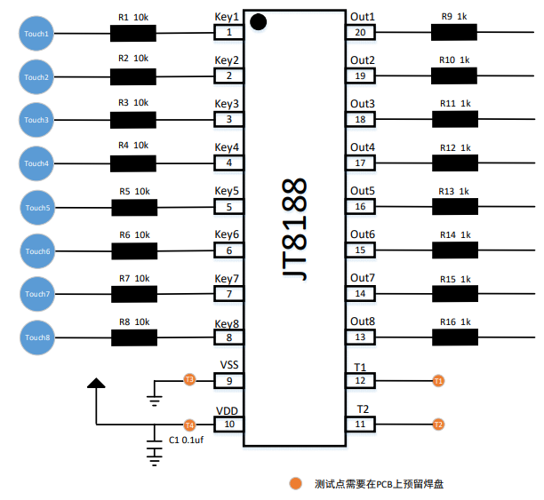 JT8188 是一款电容式苏州八按键触摸控制芯片